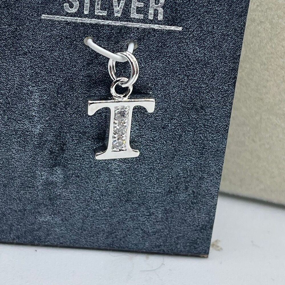 Sterling Silver white quartz “T” charm small pendent.